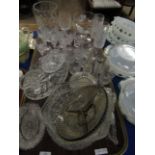 TRAY MIXED GLASS WARE, BOWLS, DECANTERS, VASES ETC