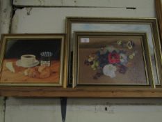 FIVE FRAMED A TRICKER OIL ON BOARDS OF STILL LIFE AND SCOTTISH VALLEY SCENES