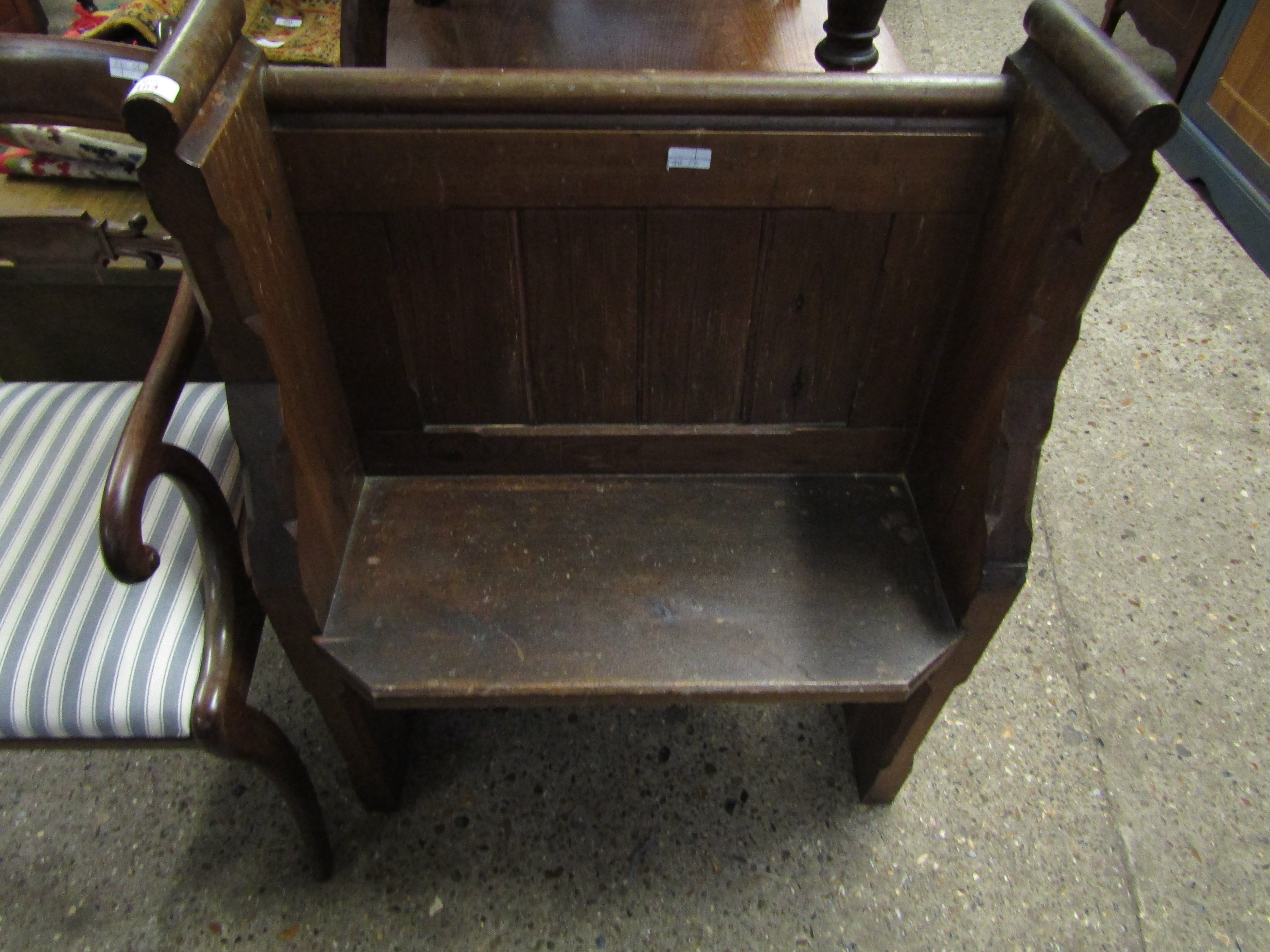 19TH CENTURY PITCH PINE SINGLE PEW WITH PANEL BACK AND SHAPED ENDS