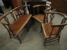 EDWARDIAN MAHOGANY AND SATINWOOD INLAID SALOON SUIT COMPRISING PAIR BOW BACK CHAIRS WITH BROWN