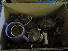 BOX MIXED STAINLESS STEEL WARES, SILVER PLATED TEAPOT ETC