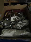 BOX MIXED SILVER PLATED WARES, FURTHER TEAK HANDLED CUTLERY ETC