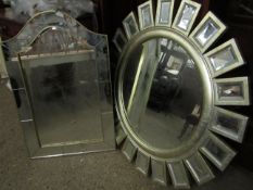 MODERN SILVER FRAMED SUN TYPE MIRROR TOGETHER WITH A FURTHER ARCH TOP MIRROR (2)