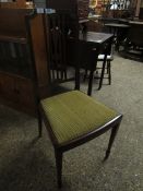 EDWARDIAN MAHOGANY AND SATINWOOD INLAID BEDROOM CHAIR WITH STRIPED UPHOLSTERED SEAT