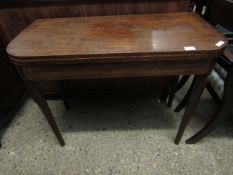 19TH CENTURY MAHOGANY FOLD OVER CARD TABLE WITH GREEN BAIZE INTERIOR ON TAPERING SQUARE LEGS