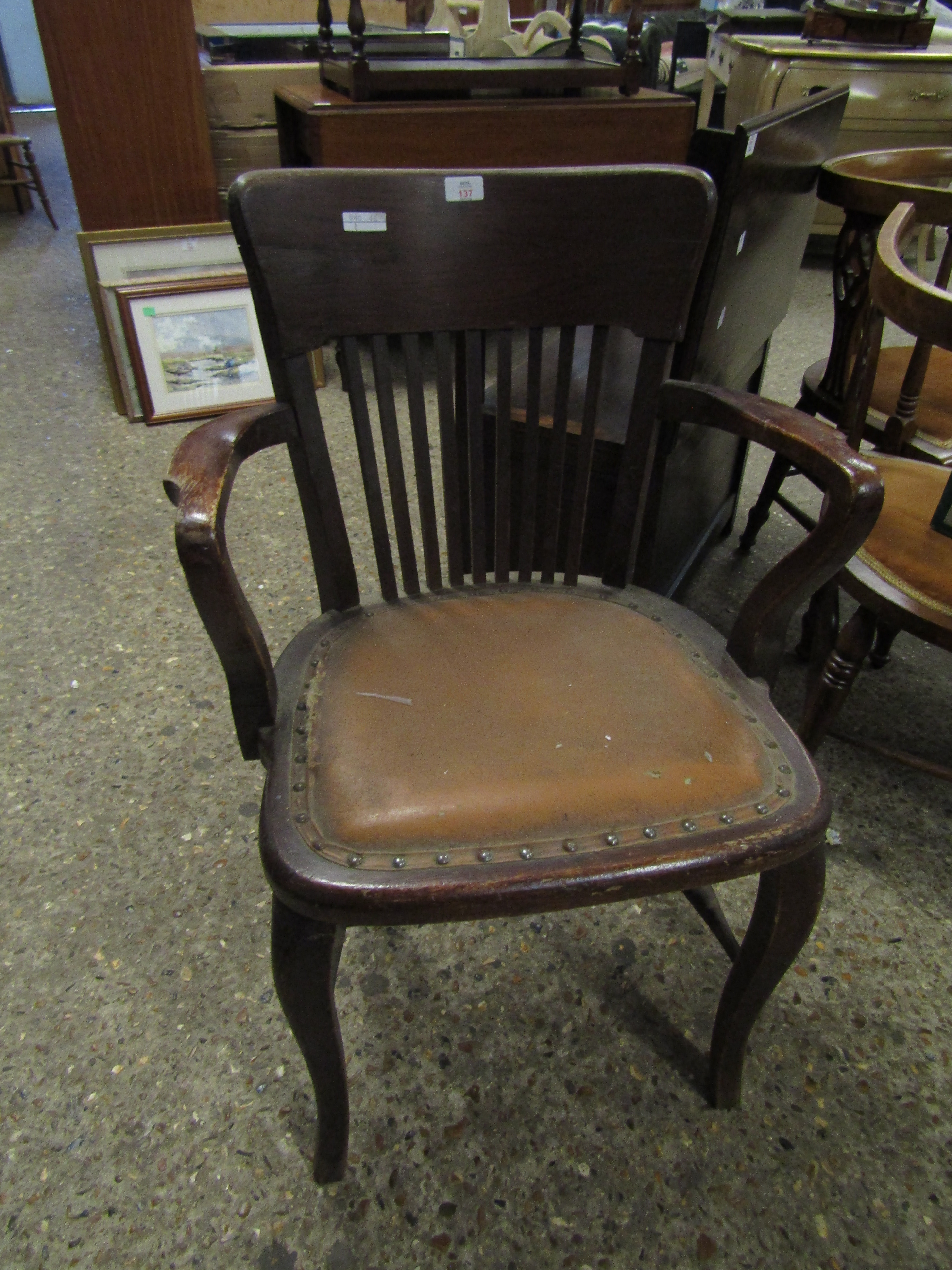 GOOD QUALITY OAK FRAMED OFFICE ARMCHAIR WITH BROWN REXINE UPHOLSTERED SEAT