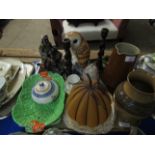 TRAY OAK BARLEY TWIST CANDLESTICKS, OWL ORNAMENTS ETC