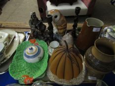 TRAY OAK BARLEY TWIST CANDLESTICKS, OWL ORNAMENTS ETC