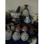 STUDIO POTTERY VASE, A CRANBERRY AND VASELINE JUG, MIXED CHINA WARES, MODERN ORIENTAL GINGER JARS