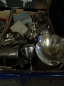 BOX MIXED SILVER PLATED WARES TO INCLUDE TANKARDS, TEAPOTS ETC