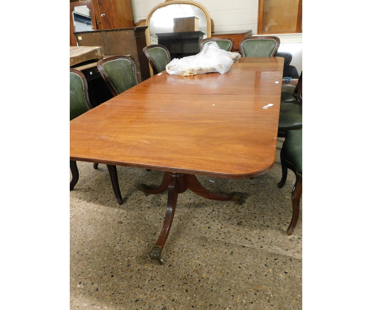 GOOD QUALITY MAHOGANY TRIPLE PEDESTAL DINING TABLE RAISED ON BRASS PAW CASTERS