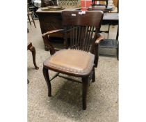 GOOD QUALITY OAK FRAMED OFFICE ARMCHAIR WITH BROWN REXINE UPHOLSTERED SEAT
