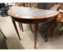 19TH CENTURY WALNUT DEMI-LUNE SIDE TABLE WITH LEATHER TOP ON TAPERING SQUARE LEGS