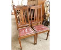 SET OF FOUR ARTS AND CRAFT SPLAT BACK DINING CHAIRS WITH LEATHER UPHOLSTERED SEATS