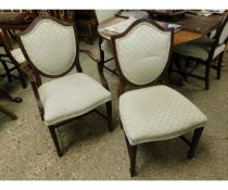 SET OF SIX REPRODUCTION MAHOGANY FRAMED SHIELD DINING CHAIRS WITH GREEN UPHOLSTERED SEATS AND BACK