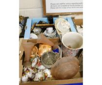 TWO BOXES OF MIXED FROSTED GLASS WARES, COTTAGE ORNAMENTS, SILVER PLATED CLARET JUG ETC (2)