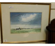 FRAMED WATERCOLOUR OF A BARN IN A LANDSCAPE SCENE SIGNED "HOWLETT"