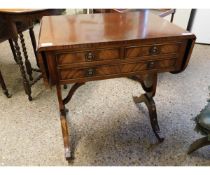 REPRODUCTION MAHOGANY SOFA TYPE SIDE TABLE FITTED WITH THREE DRAWERS WITH RINGLET HANDLES