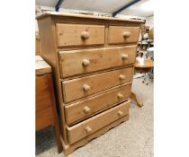PINE FRAMED CHEST OF TWO OVER FOUR FULL WIDTH DRAWERS WITH TURNED KNOB HANDLES
