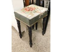 VICTORIAN MAHOGANY EMBROIDERED TOP STOOL ON FOUR TURNED LEGS