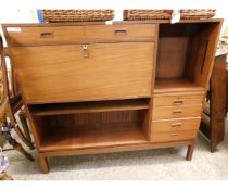 GOOD QUALITY TEAK FRAMED BUREAU FITTED WITH SIX DRAWERS WITH OPEN SHELVES AND DROP FRONTS