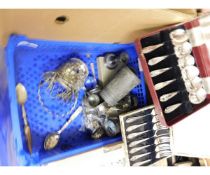 BOX OF MIXED SILVER PLATED, PEWTER WARES, DESSERT SPOONS ETC