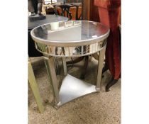 CIRCULAR SILVER FRAMED MIRROR TOP TABLE ON THREE TAPERING SQUARE LEGS