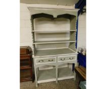 GOOD QUALITY GREEN AND CREAM PAINTED DRESSER WITH TWO OPEN SHELVES, THE BASE WITH TWO DRAWERS WITH