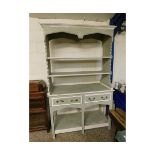 GOOD QUALITY GREEN AND CREAM PAINTED DRESSER WITH TWO OPEN SHELVES, THE BASE WITH TWO DRAWERS WITH