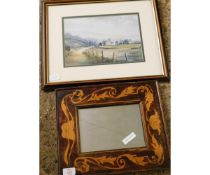 RECTANGULAR INLAID WALL MIRROR TOGETHER WITH A WATERCOLOUR