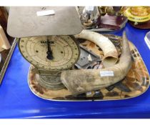 TRAY OF MIXED HORNS, SET OF SALTER SCALES ETC