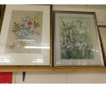 EMBROIDERED SILK PICTURE OF FLOWERS TOGETHER WITH A FURTHER SIGNED WATERCOLOUR OF FLOWERS (2)