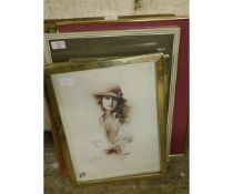 GROUP OF PHOTOGRAPHS AND PORTRAITS OF LADIES, JOHN LENNON PRINT ETC