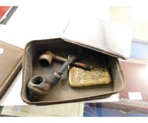 VINTAGE TIN CONTAINING MIXED PIPES, INDIAN ETCHED BRASS CIGARETTE CASE ETC