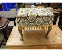 MID-20TH CENTURY EMBROIDERED TOP SEWING STOOL WITH CONTENTS, RAISED ON PAD FEET