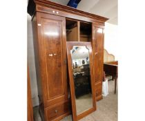 EDWARDIAN MAHOGANY AND SATINWOOD BANDED TRIPLE DOOR WARDROBE WITH CENTRAL MIRRORED DOOR FITTED