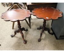 PAIR OF REPRODUCTION MAHOGANY SHAPED EDGED WINE TABLES WITH REEDED AND CARVED COLUMN ON A HEAVILY