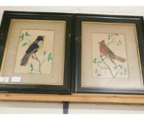 TWO VICTORIAN FEATHER PICTURES OF BIRDS ENTITLED "PINTO" AND "CARDENAL"