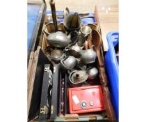 BOX CONTAINING MIXED PEWTER TEA SET, LARGE SALAD SERVERS ETC