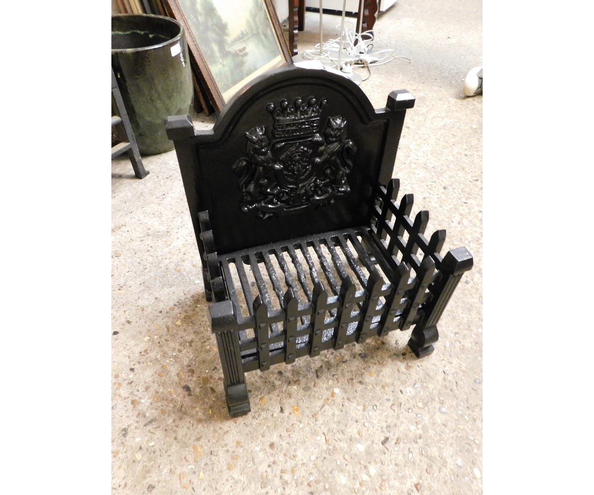 CAST IRON FIRE GRATE WITH ARMORIAL BACK