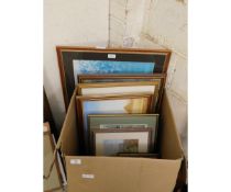 BOX OF MIXED PRINTS, PICTURES, WATERCOLOURS ETC