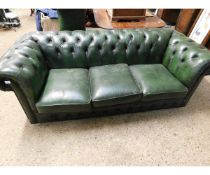 GREEN LEATHER THREE SEATER CHESTERFIELD WITH BUTTON BACK