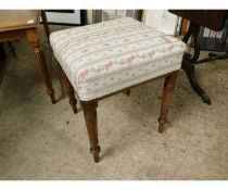VICTORIAN MAHOGANY SQUARE FORMED STOOL WITH UPHOLSTERED TOP ON TURNED LEGS