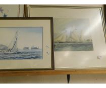 WATERCOLOUR OF A SAILING BOAT AT SEA TOGETHER WITH A FURTHER PRINT ENTITLED "YACHTING" (2)