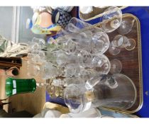 TRAY OF GOOD QUALITY EDWARDIAN ETCHED GLASS WARES, GREEN STEMMED WINE GLASSES ETC