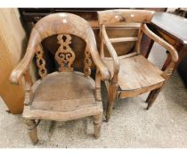 ELM HARD SEATED BAR BACK ARMCHAIR TOGETHER WITH A FURTHER SPLAT BACK ARMCHAIR ON TURNED LEGS (A/F)
