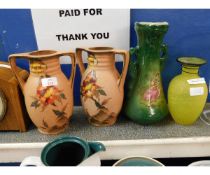 PAIR OF TERRACOTTA TWO HANDLED VASES WITH FLORAL DETAIL TOGETHER WITH A FURTHER VICTORIAN VASE AND A