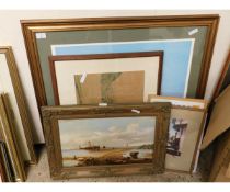 GROUP CONTAINING AN OIL ON CANVAS IN A GILT FRAME, MIXED PHOTOGRAPHS, A WATERCOLOUR AND A SIGNED