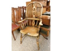 MODERN OAK FRAMED WINDSOR ARMCHAIR WITH PIERCED BACK SPLAT AND HARD SEAT