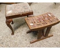 OAK FRAMED UPHOLSTERED TOP STOOL WITH FOUR PAD FEET AND CARVED SHELL KNUCKLES, TOGETHER WITH A
